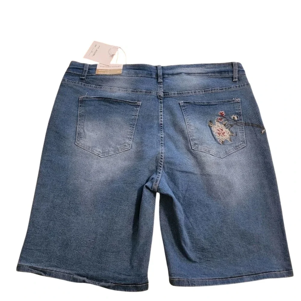 VINTAGE violet floral embroidered Stretch Jean Bermuda shorts‎ plus size 22 new!